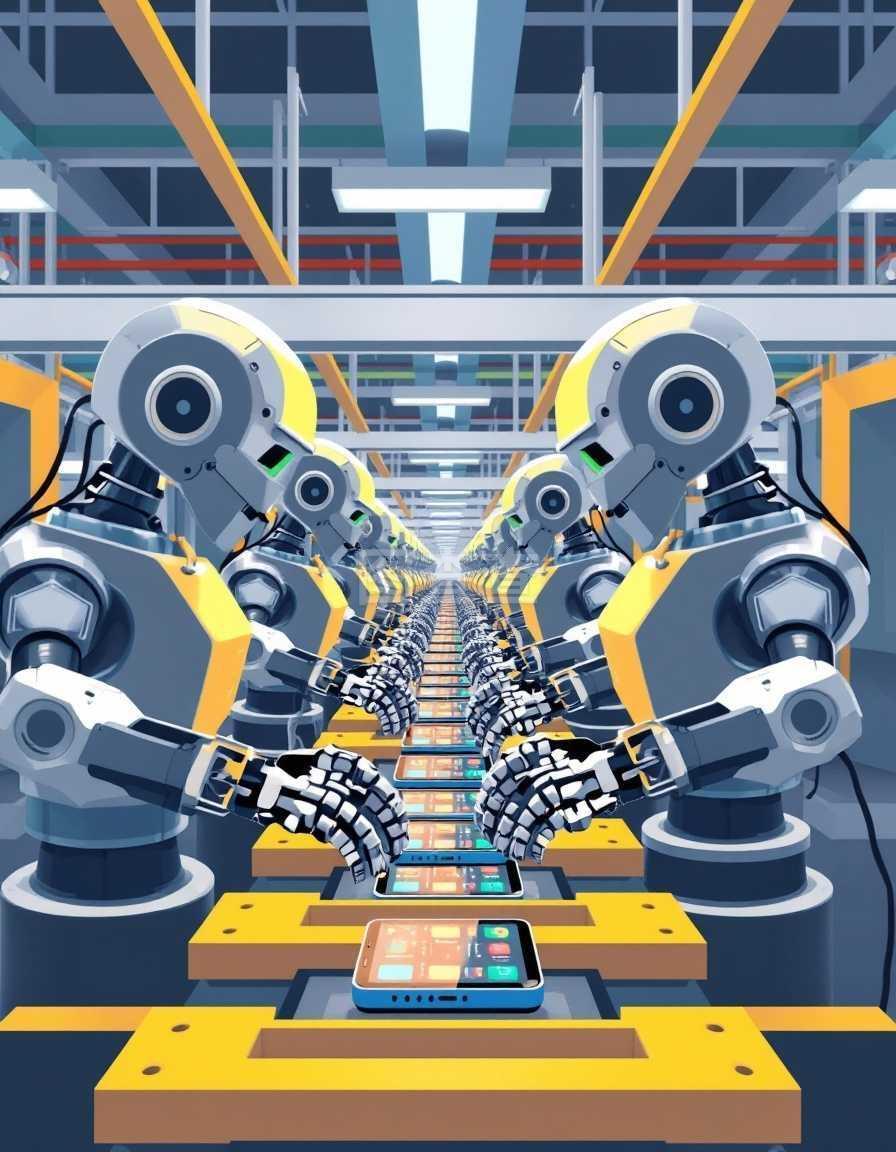 現代工廠生產線抽象方案,專用機械機器人制造和包裝智能手機的彩色矢量圖。現代工廠生產線抽象方案